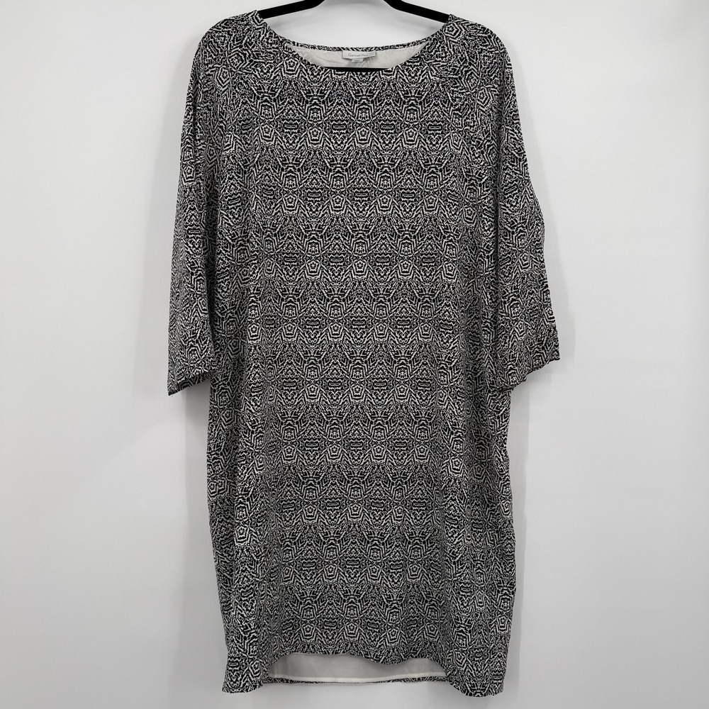 Garnet Hill Dress Womens 14 Black Geometric Silk Shell Lined Shift 3/4 Sleeve
